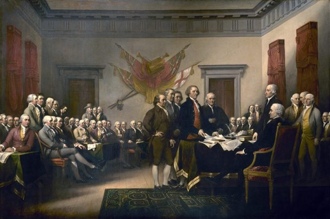 The signing of the Declaration of Independence, as depicted by John Trumbull, marks the birth of the nation.