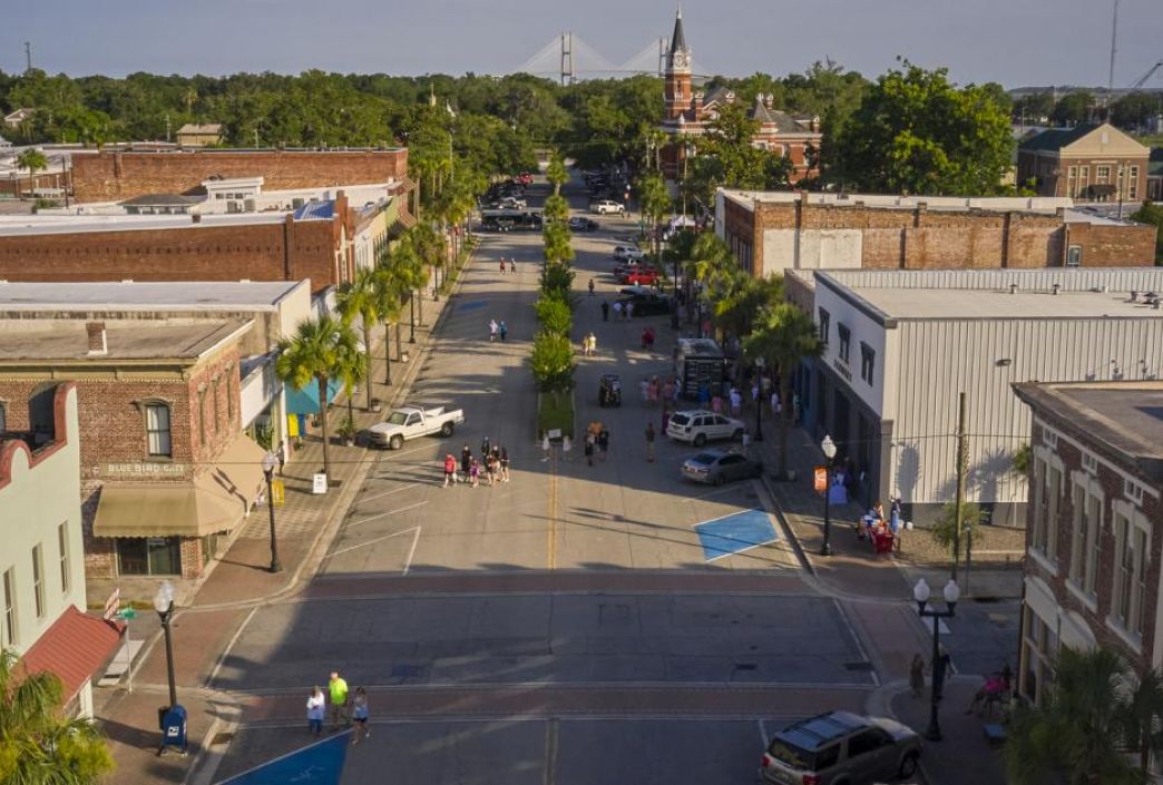 Aerial view of Brunswick, Georgia, inviting explorers to its scenic and historic tours.